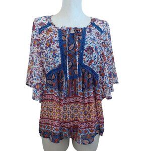 Figueroa & Flower Blouse and Tank Lace Trim Flowy Peasant Top Womens Medium